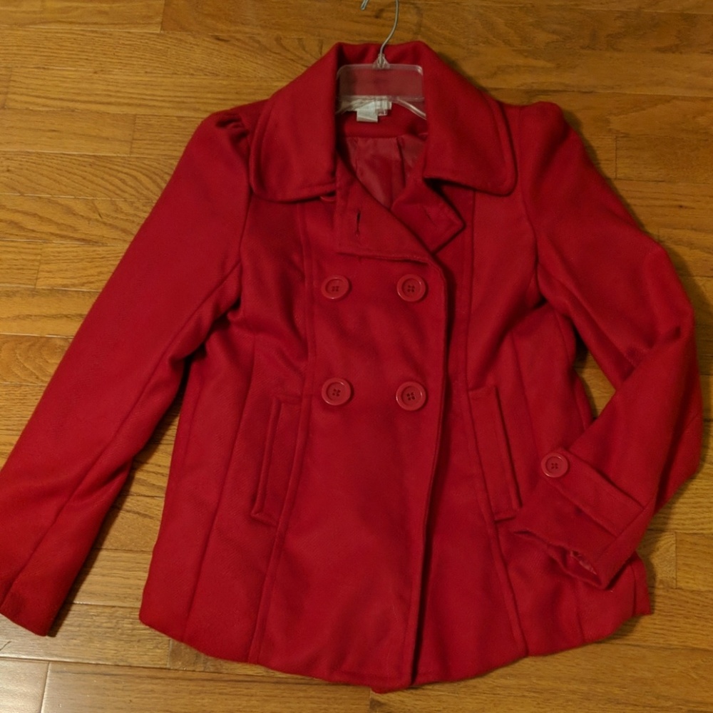 Red fully loaded double breasted peacoat.